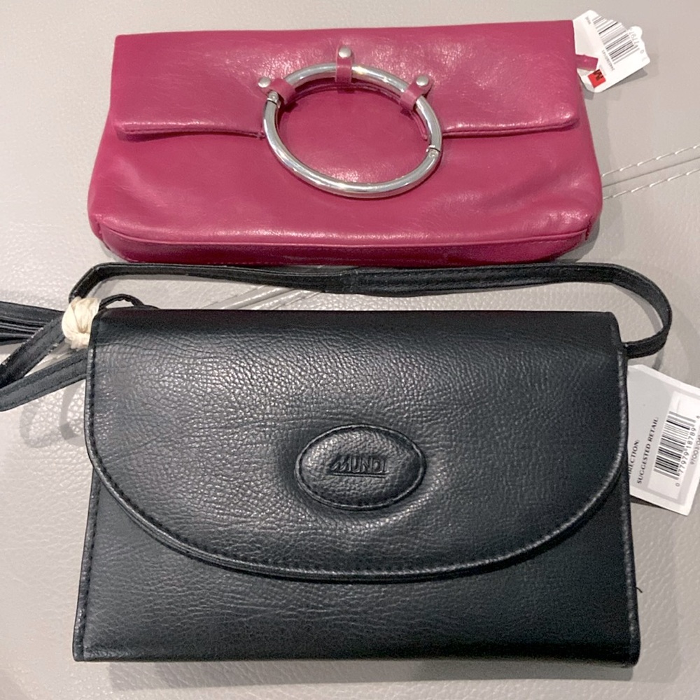 2 NEW MUNDI purses, black with shoulder strap and dark purplish pink hand held